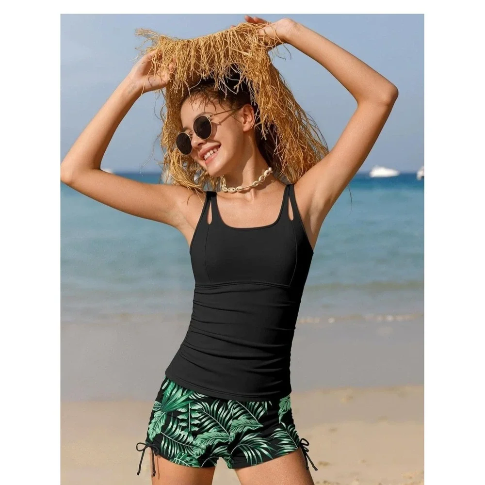 Girls tankini 2 piece swimsuit tropical black and green board shorts 15-16